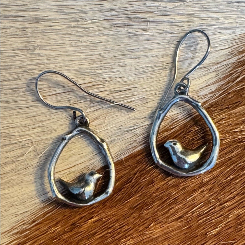 * Retired James Avery Silver Bird on a Branch Drop Earrings